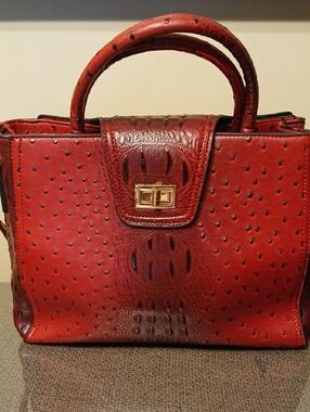 Red And Black Ostrich-Texture Faux Leather Top Double Handle Satchel
